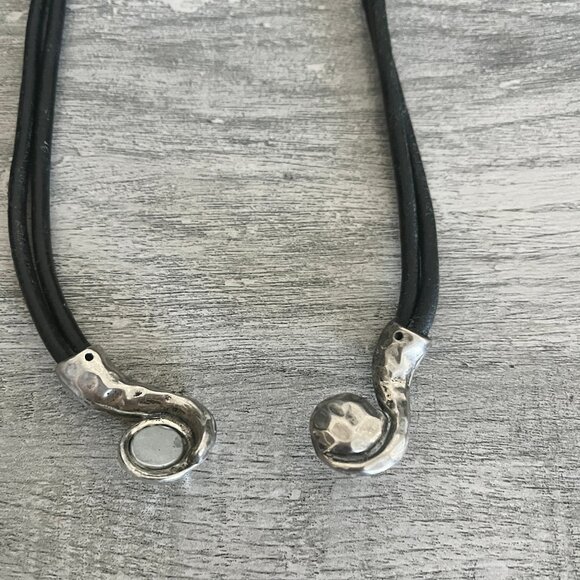 Black Leather Cord Choker Art Deco Silver Charm Necklace Hand Crafted - Picture 3 of 3